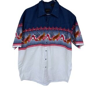 Vintage High Noon Short Sleeve Pearl Snap Western Shirt‎ XL Flag Eagle Patriotic